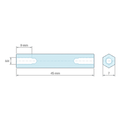 Disegno quotato 45 mm, Distanziatore esagonale filettato femmina/femmina acciaio inox M4 - chiave da 7 mm
