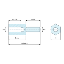 Disegno quotato 7 mm / 6 mm, Distanziatore esagonale filettato maschio/femmina acciaio inox M2 - chiave da 4 mm