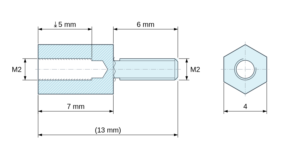 Disegno quotato Distanziatore esagonale filettato maschio/femmina acciaio inox M2 - chiave da 4 mm