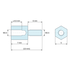Disegno quotato 7 mm / 6 mm, Distanziatore esagonale filettato maschio/femmina acciaio inox M2,5 - chiave da 5 mm