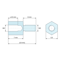 Disegno quotato 7 mm / 6 mm, Distanziatore esagonale filettato maschio/femmina acciaio inox M3 - chiave da 5,5 mm