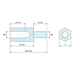 Disegno quotato 14 mm / 8 mm, Distanziatore esagonale filettato maschio/femmina acciaio inox M4 - chiave da 7 mm