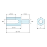 Disegno quotato 14 mm / 8 mm, Distanziatore esagonale filettato maschio/femmina acciaio inox M4 - chiave da 7 mm