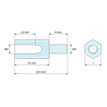 Disegno quotato 15 mm / 8 mm, Distanziatore esagonale filettato maschio/femmina acciaio inox M4 - chiave da 7 mm