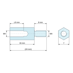 Disegno quotato 16 mm / 8 mm, Distanziatore esagonale filettato maschio/femmina acciaio inox M4 - chiave da 7 mm