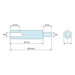 Disegno quotato 31 mm / 8 mm, Distanziatore esagonale filettato maschio/femmina acciaio inox M4 - chiave da 7 mm