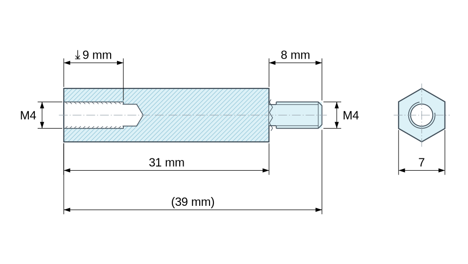 Disegno quotato Distanziatore esagonale filettato maschio/femmina acciaio inox M4 - chiave da 7 mm