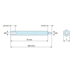 Disegno quotato 75 mm / 8 mm, Distanziatore esagonale filettato maschio/femmina acciaio inox M4 - chiave da 7 mm