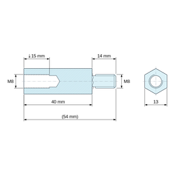 Disegno quotato 40 mm / 14 mm, Distanziatore esagonale filettato maschio/femmina acciaio inox M8 - chiave da 13 mm