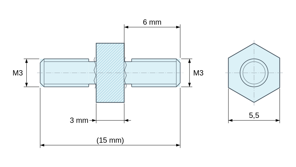 Disegno quotato Distanziatore esagonale filettato maschio/maschio acciaio inox M3 - chiave da 5,5 mm