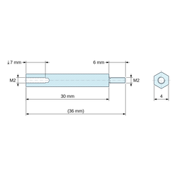 Disegno quotato 30 mm / 6 mm, Distanziatore esagonale filettato maschio/femmina ottone nichelato al piombo M2 - chiave da 4 mm