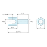 Disegno quotato 5 mm / 6 mm, Distanziatore esagonale filettato maschio/femmina ottone nichelato al piombo M2,5 - chiave da 4 mm