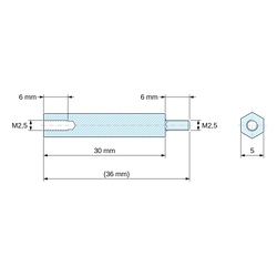 Disegno quotato 30 mm / 6 mm, Distanziatore esagonale filettato maschio/femmina ottone nichelato al piombo M2,5 - chiave da 5 mm