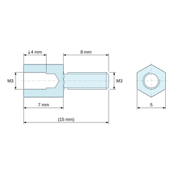 Disegno quotato 7 mm / 8 mm, Distanziatore esagonale filettato maschio/femmina ottone nichelato al piombo M3 - chiave da 5 mm