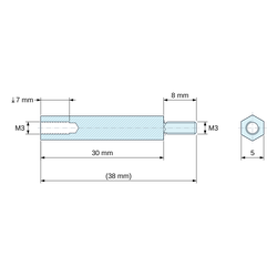 Disegno quotato 30 mm / 8 mm, Distanziatore esagonale filettato maschio/femmina ottone nichelato al piombo M3 - chiave da 5 mm