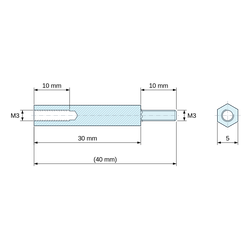 Disegno quotato 30 mm / 10 mm, Distanziatore esagonale filettato maschio/femmina ottone nichelato al piombo M3 - chiave da 5 mm