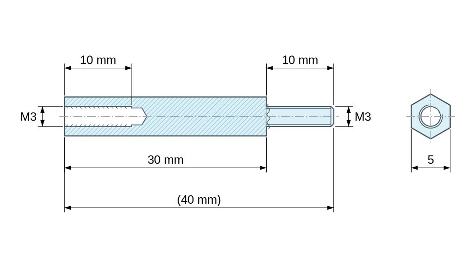 Disegno quotato Distanziatore esagonale filettato maschio/femmina ottone nichelato al piombo M3 - chiave da 5 mm