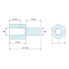 Disegno quotato 9 mm / 8 mm, Distanziatore esagonale filettato maschio/femmina ottone nichelato al piombo M4 - chiave da 7 mm
