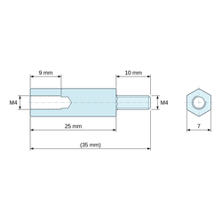 Disegno quotato 25 mm / 10 mm, Distanziatore esagonale filettato maschio/femmina ottone nichelato al piombo M4 - chiave da 7 mm
