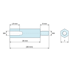 Disegno quotato 28 mm / 8 mm, Distanziatore esagonale filettato maschio/femmina ottone nichelato al piombo M4 - chiave da 7 mm