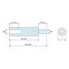 Disegno quotato 28 mm / 8 mm, Distanziatore esagonale filettato maschio/femmina ottone nichelato al piombo M4 - chiave da 7 mm