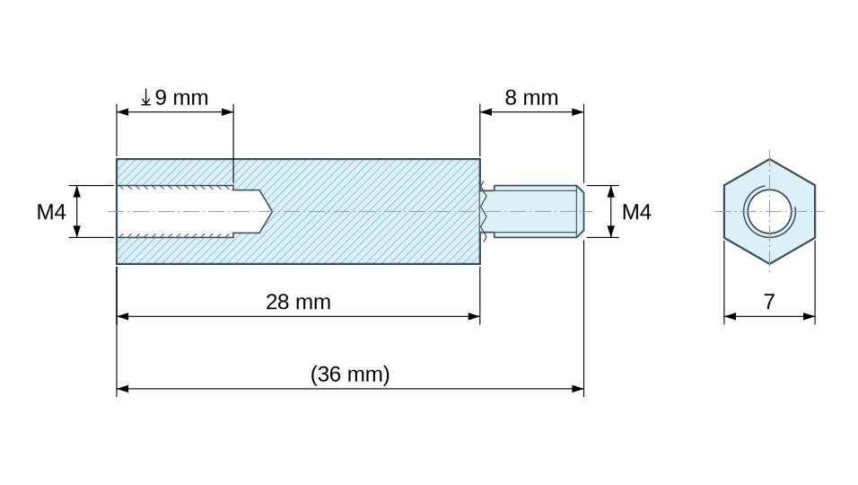Disegno quotato Distanziatore esagonale filettato maschio/femmina ottone nichelato al piombo M4 - chiave da 7 mm