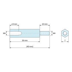 Disegno quotato 30 mm / 10 mm, Distanziatore esagonale filettato maschio/femmina ottone nichelato al piombo M4 - chiave da 7 mm