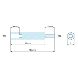 Disegno quotato 35 mm / 10 mm, Distanziatore esagonale filettato maschio/femmina ottone nichelato al piombo M4 - chiave da 7 mm