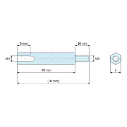 Disegno quotato 40 mm / 10 mm, Distanziatore esagonale filettato maschio/femmina ottone nichelato al piombo M4 - chiave da 7 mm