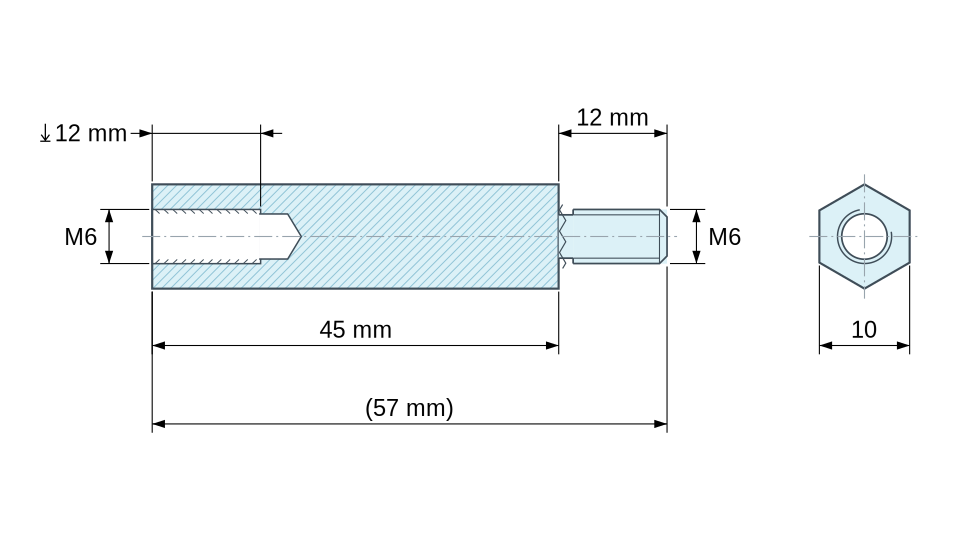 Disegno quotato Distanziatore esagonale filettato maschio/femmina ottone nichelato al piombo M6 - chiave da 10 mm