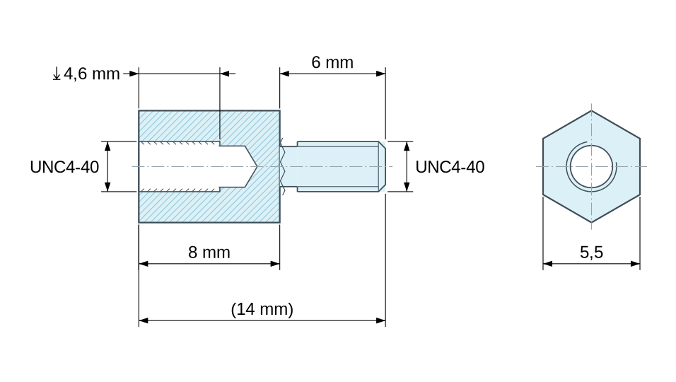 Disegno quotato Distanziatore esagonale filettato maschio/femmina ottone nichelato al piombo UNC4-40 - chiave da 5,5 mm