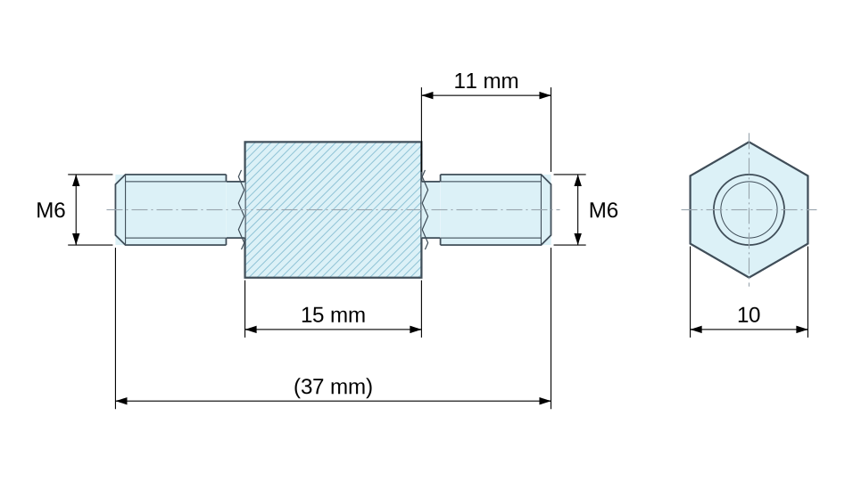 Disegno quotato Distanziatore esagonale filettato maschio/maschio ottone nichelato al piombo M6 - chiave da 10 mm Disegno quotato Distanziatore esagonale filettato maschio/maschio ottone nichelato al piombo M6 - chiave da 10 mm