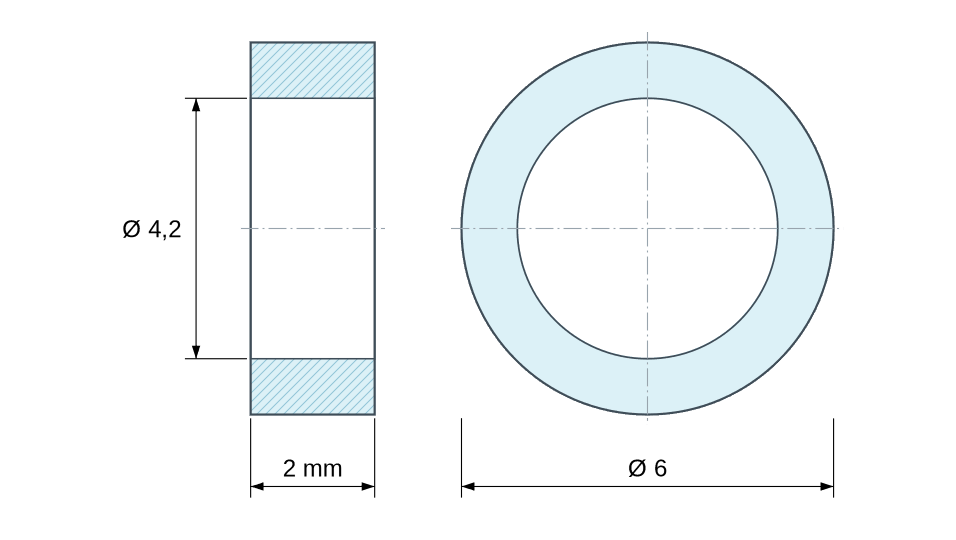 Disegno quotato distanziale plastica poliammide rinforzata Ø4,2x6 mm Disegno quotato distanziale plastica poliammide rinforzata Ø4,2x6 mm