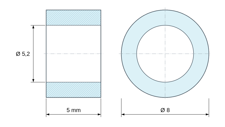 Disegno quotato distanziale plastica poliammide rinforzata Ø5,2x8 mm Disegno quotato distanziale plastica poliammide rinforzata Ø5,2x8 mm