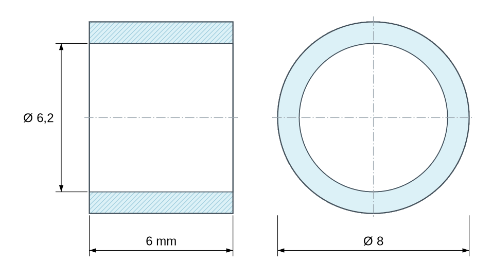 Disegno quotato Distanziatore liscio in poliammide PA6 rinforzata con fibra di vetro Ø6,2x8mm per vite M6