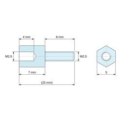 Disegno quotato 7 mm / 8 mm, Distanziatore esagonale filettato maschio/femmina in poliammide PA6.6 M2,5 - chiave da 5 mm