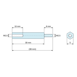 Disegno quotato 30 mm / 8 mm, Distanziatore esagonale filettato maschio/femmina in poliammide PA6.6 M2,5 - chiave da 5 mm