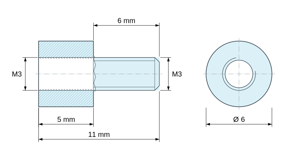 Disegno quotato Distanziatore tondo filettato maschio/femmina in poliammide PA6.6 M3 - Ø6 mm