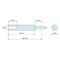 Disegno quotato 30 mm / 8 mm, Distanziatore tondo filettato maschio/femmina in poliammide PA6.6 M3 - Ø6 mm