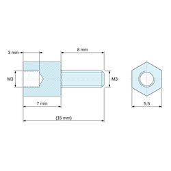 Disegno quotato 7 mm / 8 mm, Distanziatore esagonale filettato maschio/femmina in PBT bianco M3 - chiave da 5,5 mm