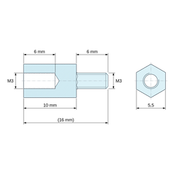 Disegno quotato 10 mm / 6 mm, Distanziatore esagonale filettato maschio/femmina in poliammide PA6.6 naturale UL94-V0 M3 - chiave da 5,5 mm