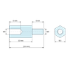 Disegno quotato 12 mm / 6 mm, Distanziatore esagonale filettato maschio/femmina in poliammide PA6.6 naturale UL94-V0 M3 - chiave da 5,5 mm