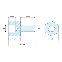 Disegno quotato 5 mm / 6 mm, Distanziatore esagonale filettato maschio/femmina in poliammide PA6.6 nero UL94-HB M3 - chiave da 5,5 mm