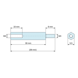 Disegno quotato 30 mm / 8 mm, Distanziatore esagonale filettato maschio/femmina in poliammide PA6.6 nero UL94-HB M3 - chiave da 5,5 mm