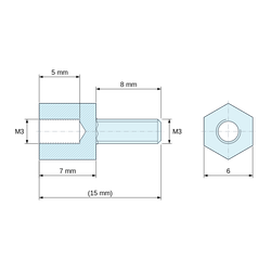 Disegno quotato 7 mm / 8 mm, Distanziatore esagonale filettato maschio/femmina in poliammide PA6.6 UL94-HB M3 - chiave da 6 mm