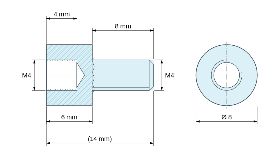 Disegno quotato Distanziatore tondo filettato maschio/femmina in poliammide PA6.6 M4 - Ø8 mm