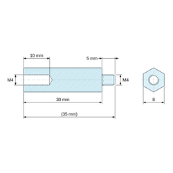 Disegno quotato 30 mm / 5 mm, Distanziatore esagonale filettato maschio/femmina in poliammide PA6.6 UL94-HB M4 - chiave da 8 mm