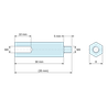 Disegno quotato 30 mm / 5 mm, Distanziatore esagonale filettato maschio/femmina in poliammide PA6.6 UL94-HB M4 - chiave da 8 mm
