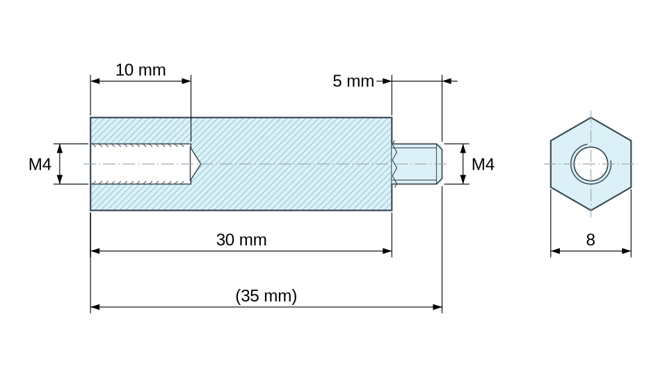 Disegno quotato Distanziatore esagonale filettato maschio/femmina in poliammide PA6.6 UL94-HB M4 - chiave da 8 mm