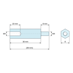 Disegno quotato 30 mm / 8 mm, Distanziatore esagonale filettato maschio/femmina in poliammide PA6.6 UL94-HB M4 - chiave da 8 mm